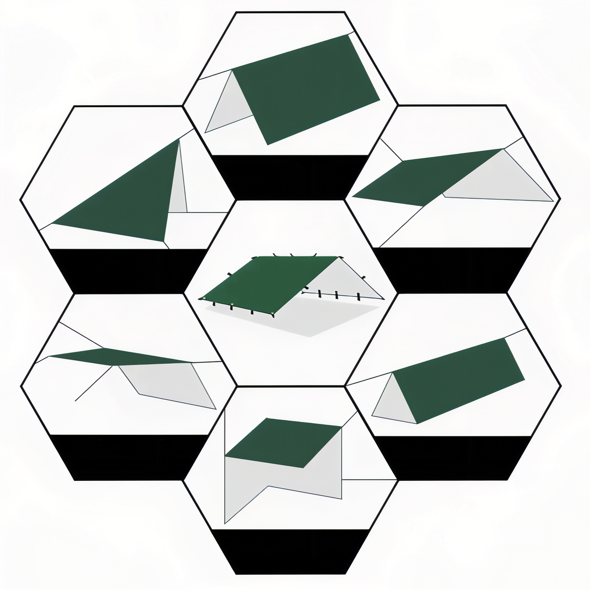 Bâche de Randonnée différentes positions - Vert Militaire - Vert - Noir - Beige