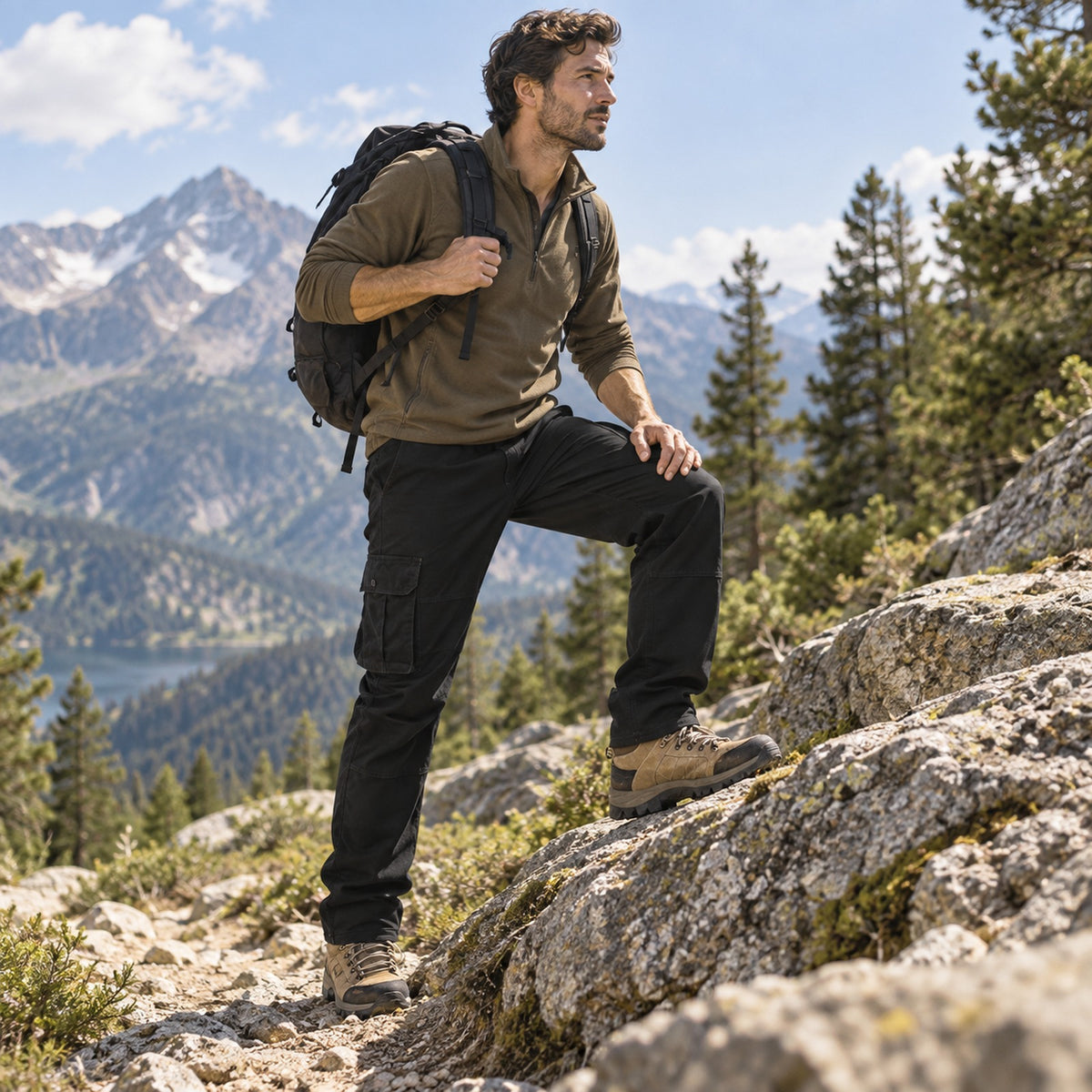 Pantalon cargo randonnée homme noir, porté sur un rocher en montagne